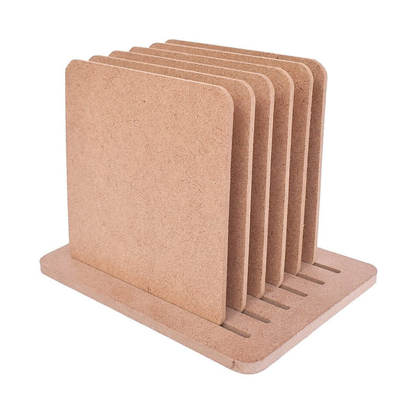 Set of 6 MDF Coasters with Stand, 4" x 4"